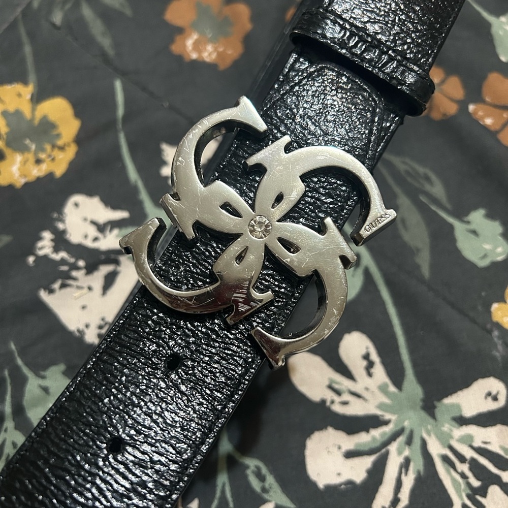 Guess Black Leather Belt with Silver Logo Buckle